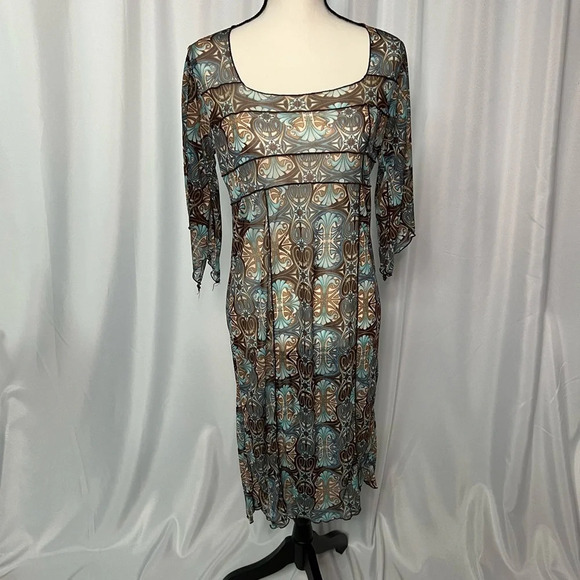 Brown, Tan & Blue Geometric Pattern Sheer Square Neck Dress or Cover-Up - Picture 1 of 10